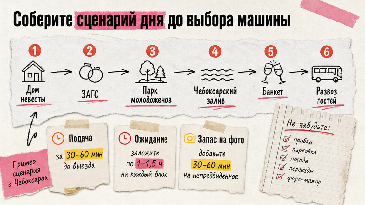 Схема маршрута свадебного дня до выбора машины в Чебоксарах