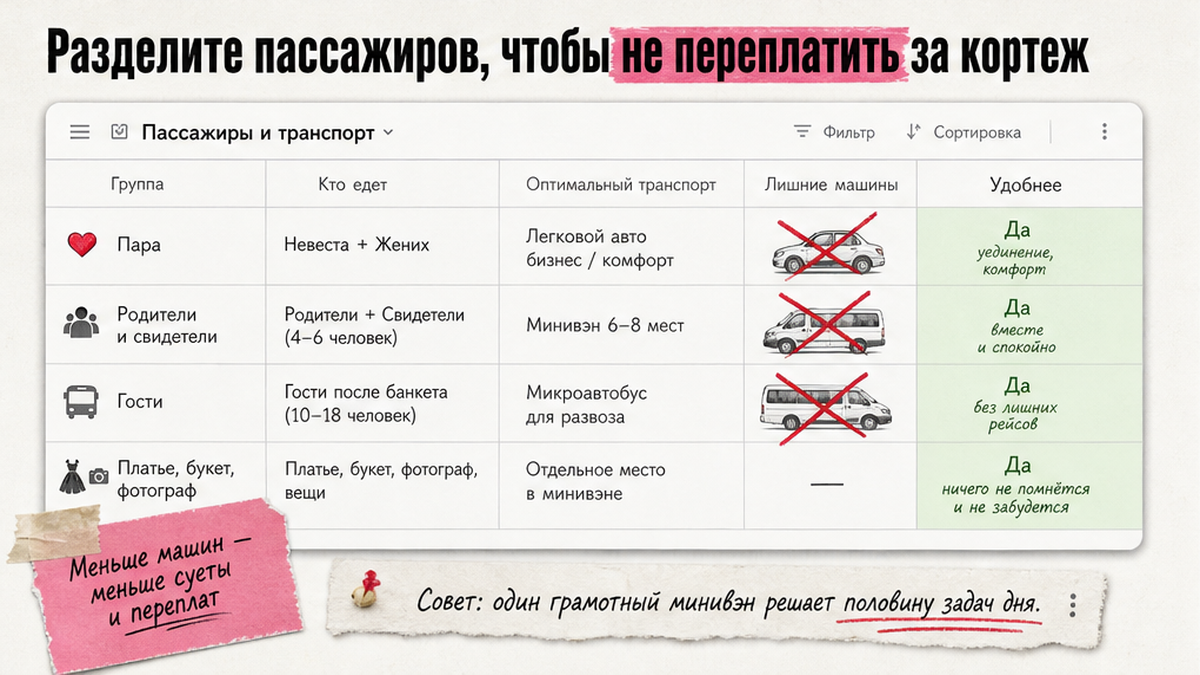 Таблица распределения пассажиров на свадебный транспорт без переплаты за кортеж